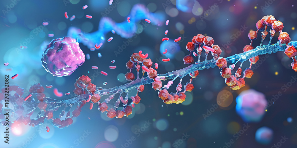 DNA Helix with Viral Particles in Microscopic View, Virus and Genetic Material Interaction Illustration
DNA Helix with Viral Particles in Microscopic View, Virus and Genetic Material Interaction Illustration