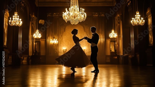 Elegant couple twirling in a dimly lit ballroom