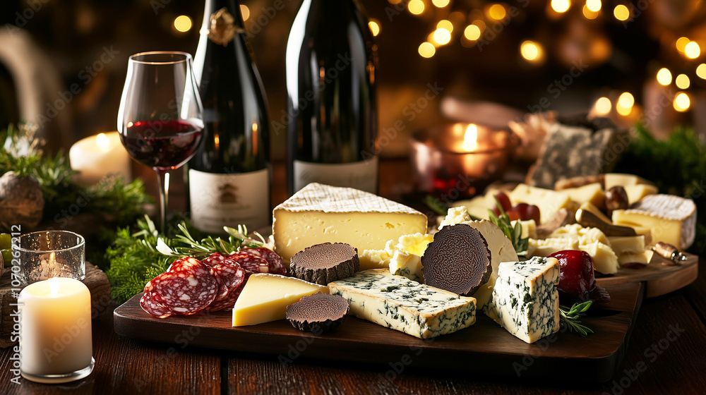 elegant cheese and wine setup featuring a variety of gourmet cheeses, truffles, red wine, grapes, and a lit candle, creating a warm, rustic atmosphere. elegant cheese and wine setup featuring a variety of gourmet cheeses, truffles, red wine, grapes, and a lit candle, creating a warm, rustic atmosphere.