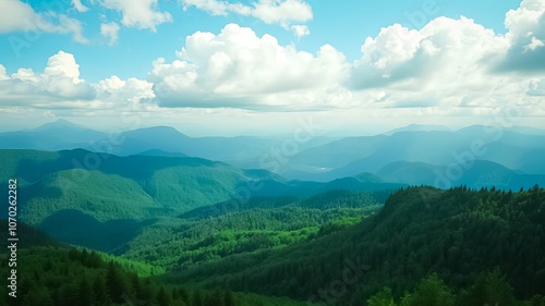 A Panoramic View of Rolling Hills and Lush Forests Under a Clear Blue Sky with Puffy White Clouds