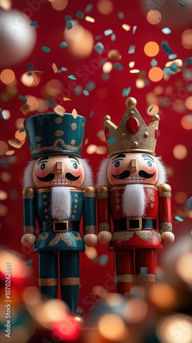  The Nutcracker is standing next to the king, with confetti flying around them, against a red background. Wooden Christmas figurines 