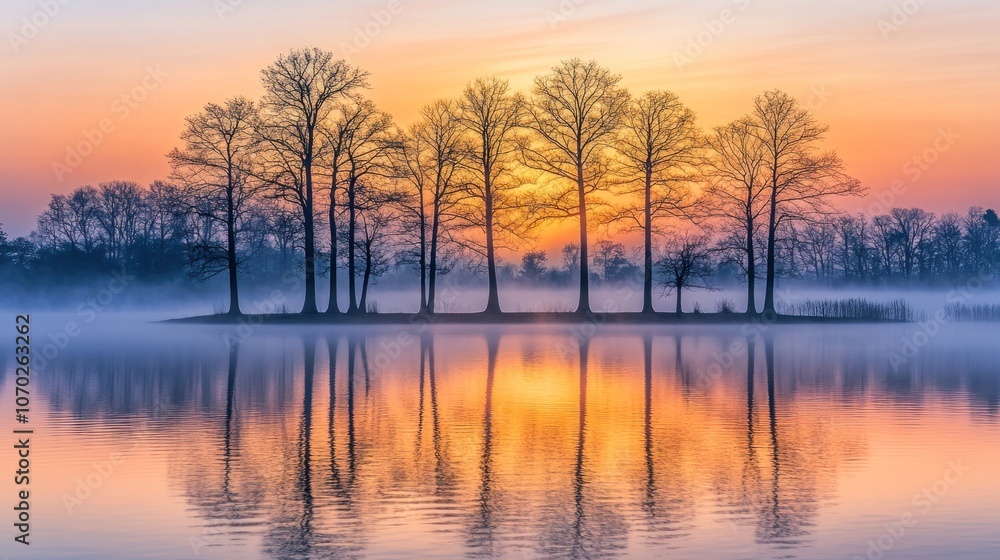 Serene sunset over a lake with silhouetted trees reflecting in calm waters. Serene sunset over a lake with silhouetted trees reflecting in calm waters.