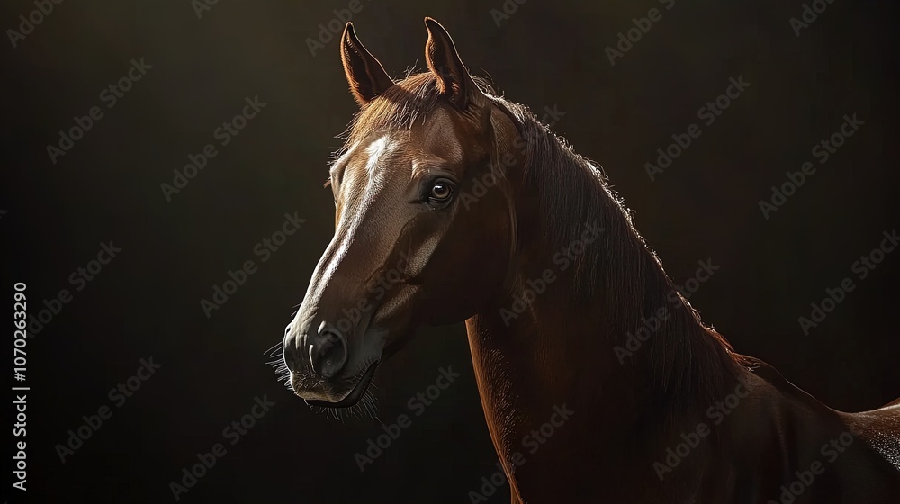 Obraz premium Stunning Arabian Horse Poster: Glossy Chestnut Coat and Bright Eyes against Dark Background – Perfect for Enhancing Your Sports Interior Décor!