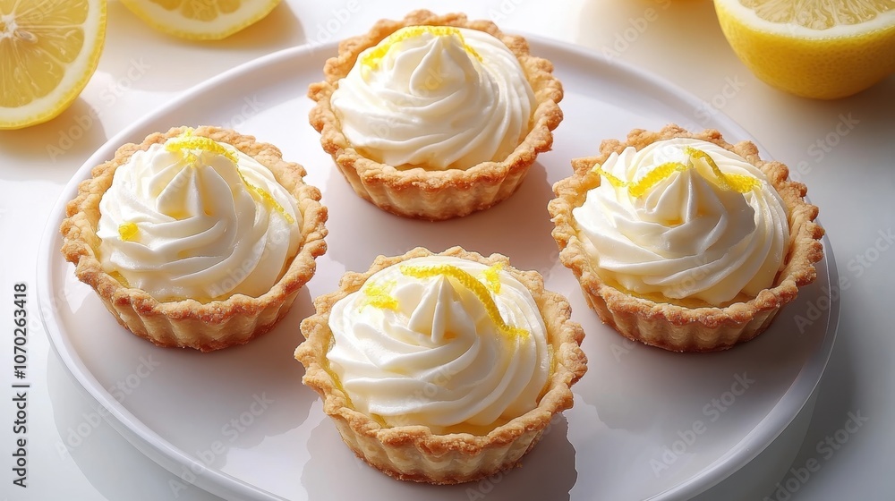 Lemon tarts with whipped cream on white plate Lemon tarts with whipped cream on white plate