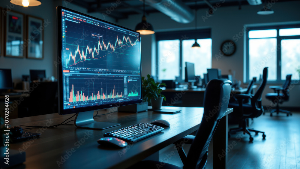 Professional office space with a computer setup for trading or data analysis. Professional office space with a computer setup for trading or data analysis.