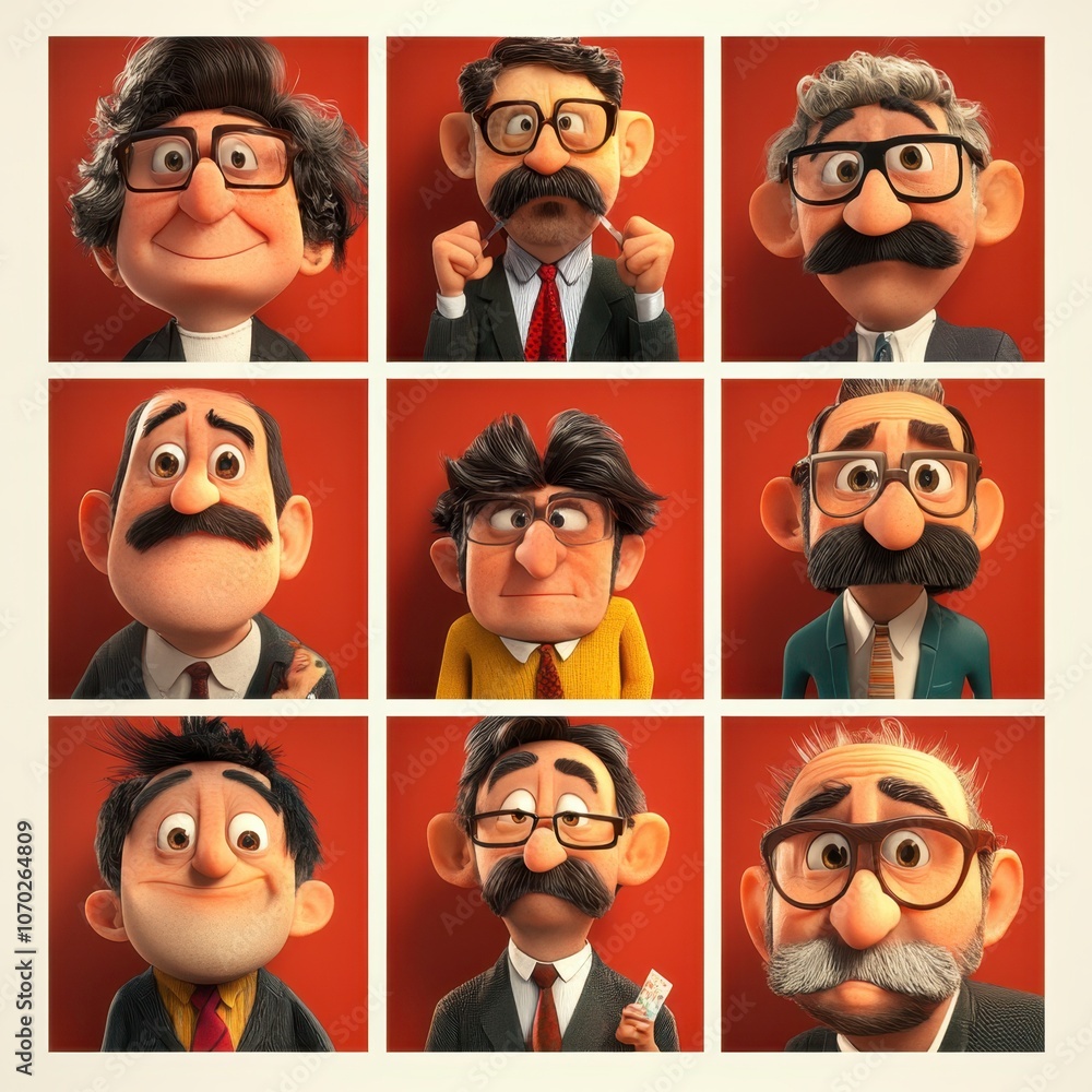 Nine cartoon characters with mustaches Nine cartoon characters with mustaches