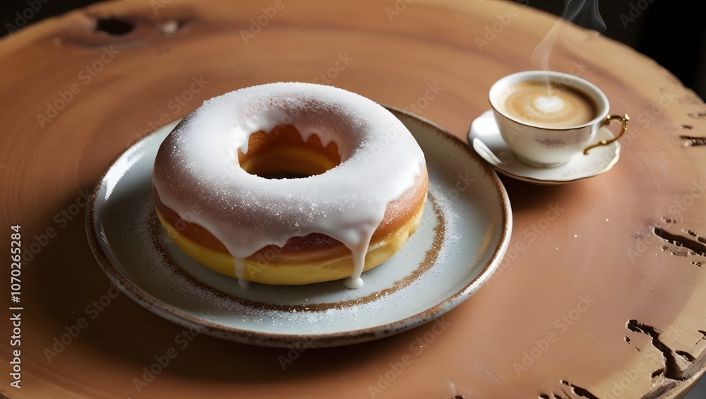 Donut with sugar icing placed on a wooden plate