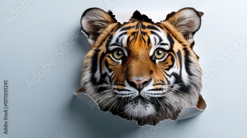 A realistic tiger head emerges from a torn wall, showcasing its fierce features and expressive gaze, emphasizing the power of nature in a striking and imaginative way photo