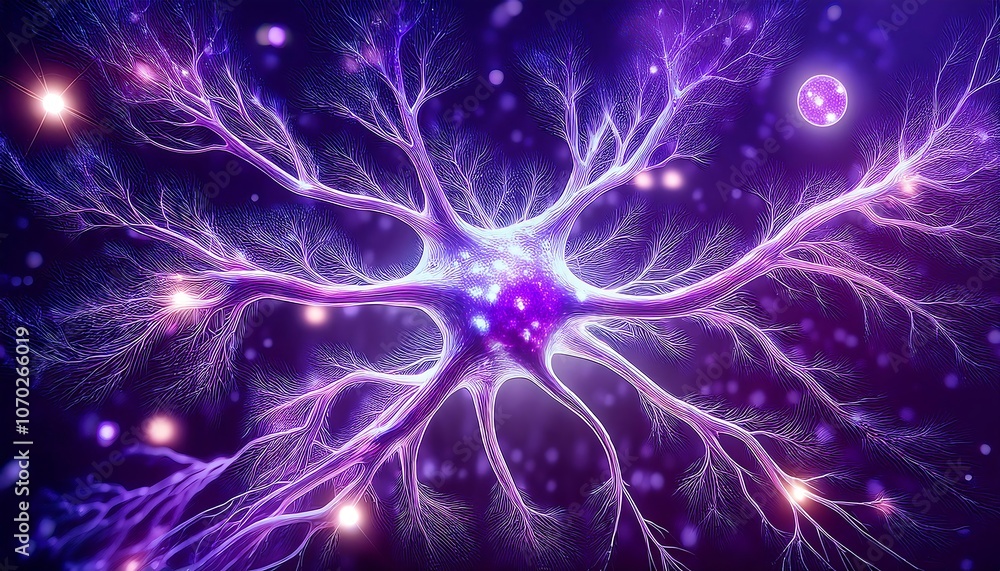 Fototapeta premium Neuron with complex network of axons and dendrites, glowing purple and white on a dark background with purple sparkles.