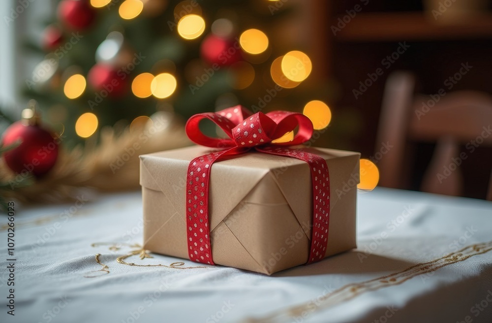 A gift box wrapped in craft paper and tied with a red ribbon stands on a white embroidered tablecloth on the table. In the background is a Christmas tree A gift box wrapped in craft paper and tied with a red ribbon stands on a white embroidered tablecloth on the table. In the background is a Christmas tree