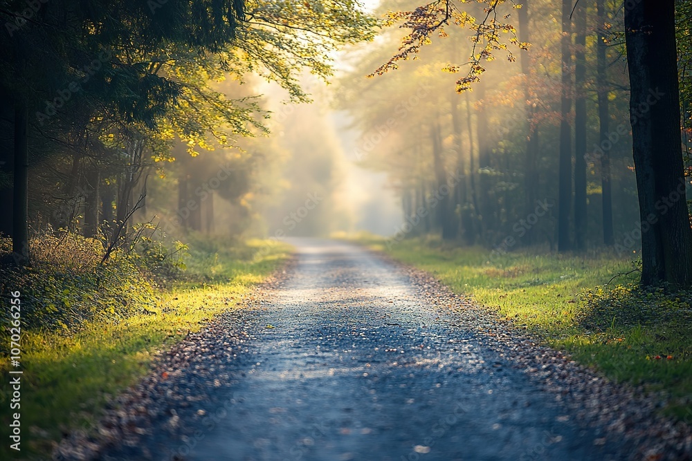 Naklejka premium Sunlight filters through trees onto serene forest path
