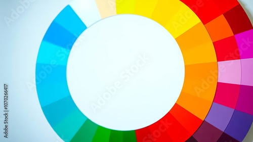 A vibrant color wheel with various hues displayed in a radial pattern, showcasing a spectrum of shades from cool blues to warm reds, offering a visual guide for creative exploration.