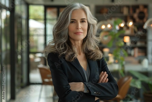 Portrait of a confident mature businesswoman standing with arms crossed in a sleek office setting.