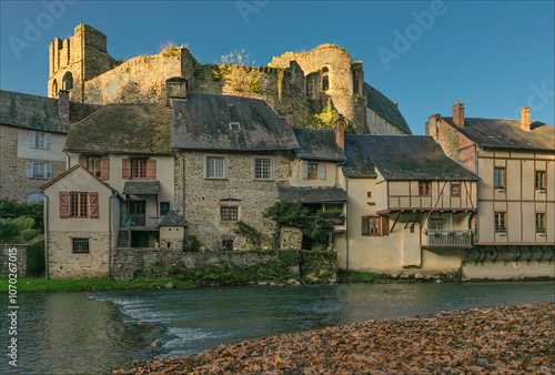 The riverside buildings based under the ancient chateau with autumn fallen leaves
