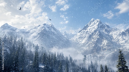 Beautiful view of majestic mountains under a winter sky, capturing the tranquility of nature.