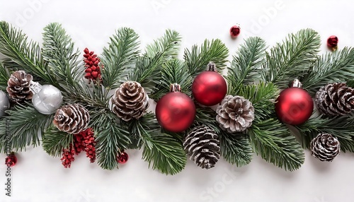 Wallpaper Mural White background with festive green garland decorated with red ornaments and silver pine nuts. Torontodigital.ca