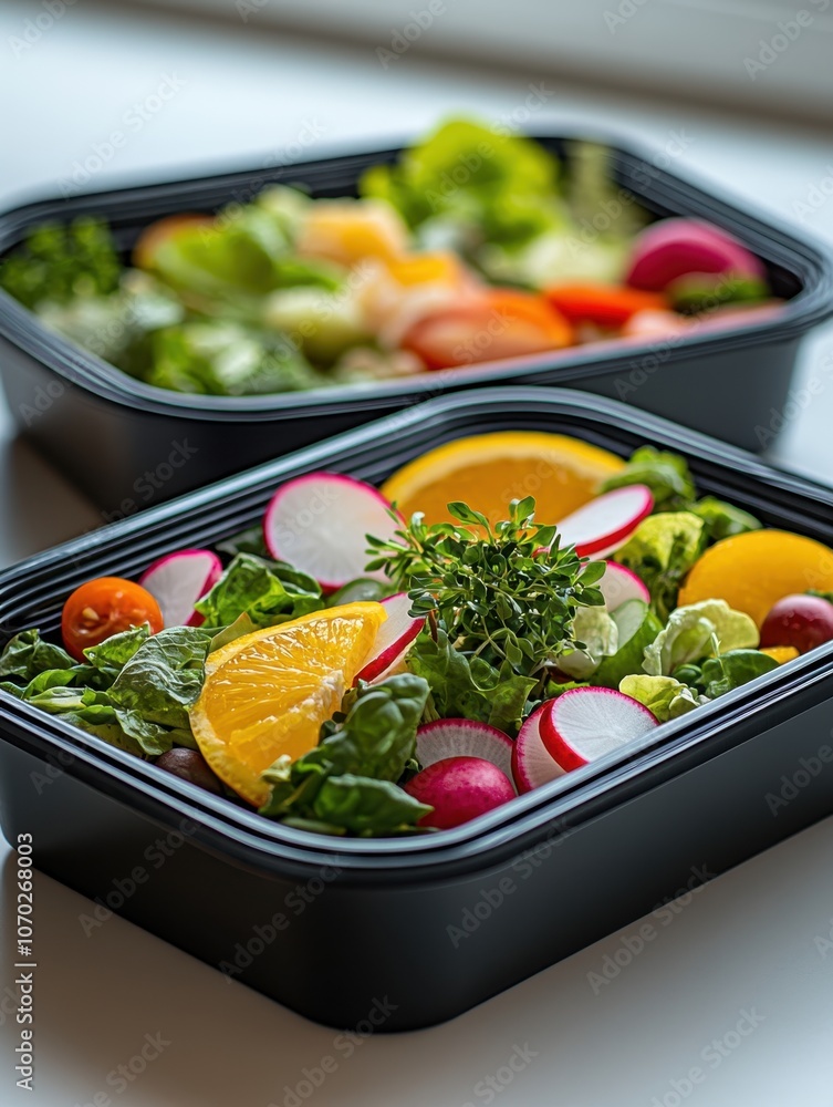Fresh salads in black containers Fresh salads in black containers