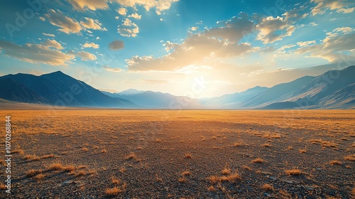 43 Oncelush valley now a dry wasteland, distant mountains under a harsh sun, wideangle view, dramatic lighting, warm colors, stark contrast of life and death photo