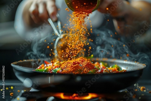 Fototapeta Naklejka Na Ścianę i Meble -   Close-up shot of hands pouring colorful spices into a sizzling hot pan, cooking, kitchen, spices, food, chef, preparation, flavor, gourmet, culinary, meal, ingredients, flavorful.