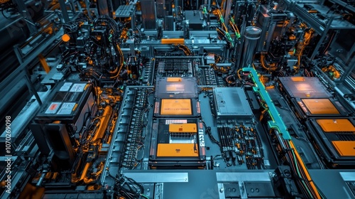 Aerial panorama of a car battery manufacturing facility, with advanced robotic machinery on top assembling components. In the center