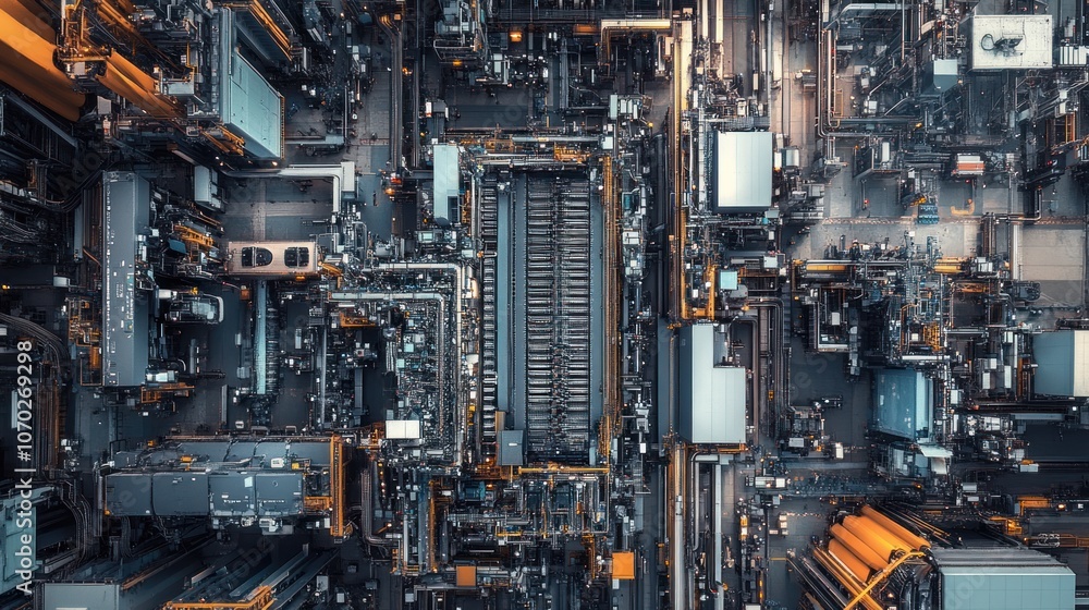 Aerial panorama of a car battery plant, with large machines and conveyor belts in the top section assembling internal components. Aerial panorama of a car battery plant, with large machines and conveyor belts in the top section assembling internal components.