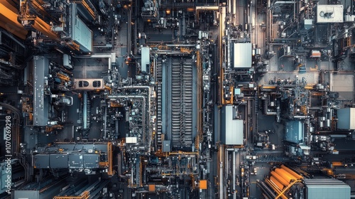 Wallpaper Mural Aerial panorama of a car battery plant, with large machines and conveyor belts in the top section assembling internal components. Torontodigital.ca