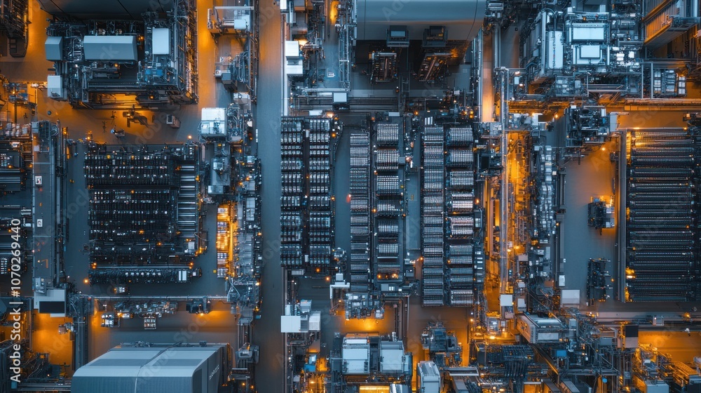 Aerial panorama of a car battery plant, with large machines and conveyor belts in the top section assembling internal components. Aerial panorama of a car battery plant, with large machines and conveyor belts in the top section assembling internal components.