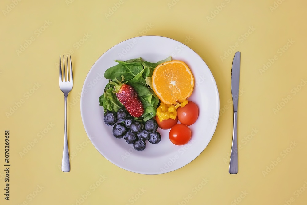 Fresh fruit and vegetables on white plate, healthy food concept Fresh fruit and vegetables on white plate, healthy food concept