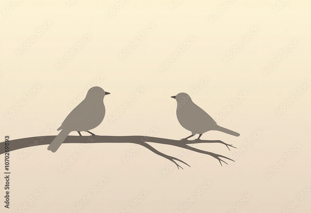 Minimalist silhouette illustration of two birds perched on bare branch as symbol of love and closeness on soft beige background with copy space creating serene and simple aesthetic. For greeting cards Minimalist silhouette illustration of two birds perched on bare branch as symbol of love and closeness on soft beige background with copy space creating serene and simple aesthetic. For greeting cards
