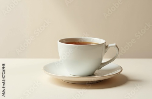 Classic ceramic tea cup with saucer on neutral background, space for text or branding.