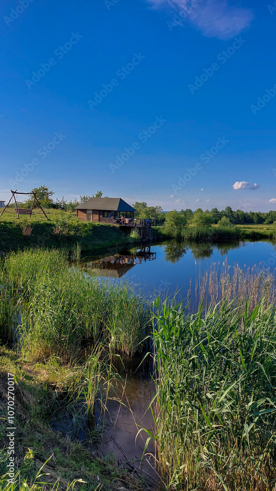 Fototapeta premium Peaceful Wooden Lakeside Cabin and Swing in a Sunny, Serene Landscape