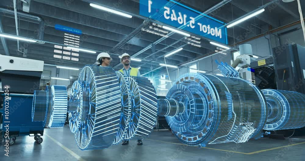 Engineers Examine Holographic Turbine Engine in High-tech Factory. Augmented Reality Display Shows Intricate 3d Model, Design and Analysis Processes for Advanced Manufacturing Innovation.