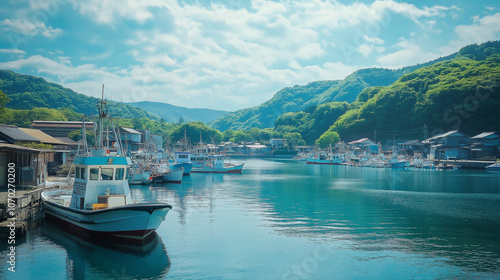 Coastal fishing village with boats on a sunny day.