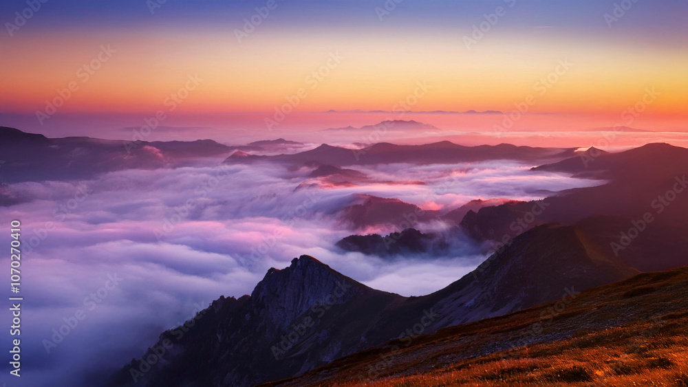 Fototapeta premium Mountain top at sunrise with fog rolling through the valley, casting a surreal pink and purple glow over the entire landscape