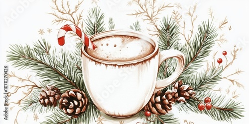 A cozy cup of hot cocoa garnished with a candy cane nestled among pine branches, pinecones, and festive red berries during a winter holiday setting