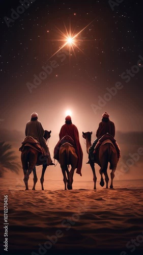The three wise men from the east riding their camels following the star of Bethlehem through the desert, under a starry sky during Christmas