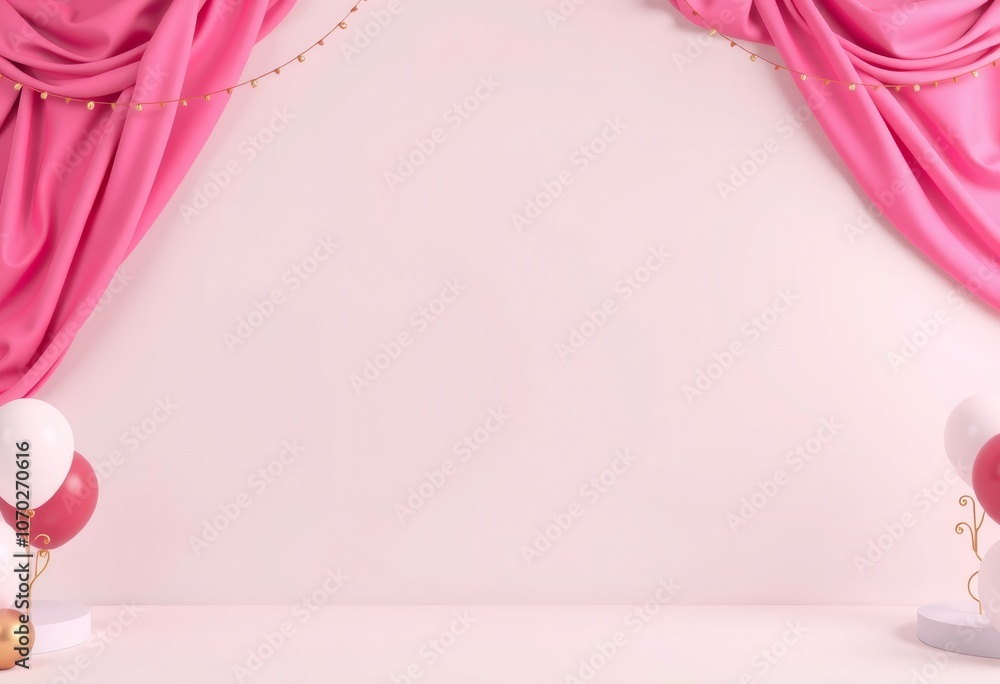 Pink Fabric with Balloons and Gold Lights on Pink Background. Pink Fabric with Balloons and Gold Lights on Pink Background.