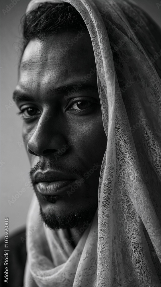 Pensive man in a black and white portrait with a delicate lace veil, highlighting emotion and contrast in a powerful visual expression Pensive man in a black and white portrait with a delicate lace veil, highlighting emotion and contrast in a powerful visual expression