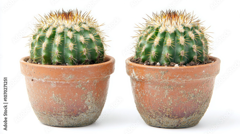 Two small cacti in terracotta pots against a white background on a sunny day, showcasing their vibrant green and spiky appearance Two small cacti in terracotta pots against a white background on a sunny day, showcasing their vibrant green and spiky appearance