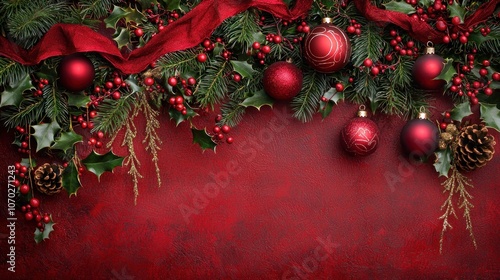 A festive Christmas border with red ribbons, ornaments, and holly. photo