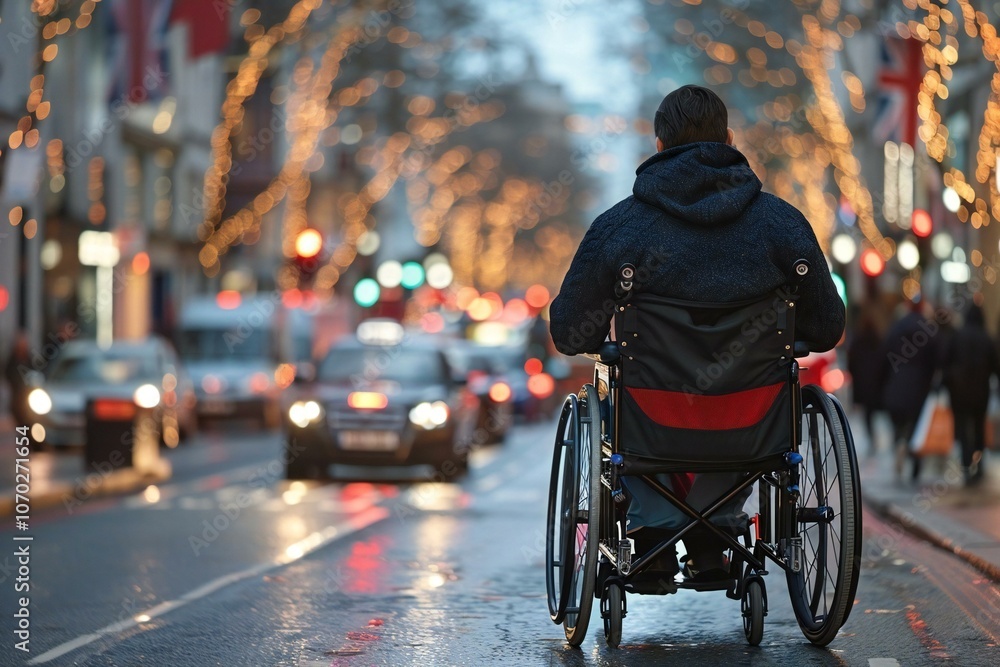 close-up photo of a disabled man sitting on a wheelchair on a busy street, showcasing themes of mobility, independence, and perseverance. close-up photo of a disabled man sitting on a wheelchair on a busy street, showcasing themes of mobility, independence, and perseverance.
