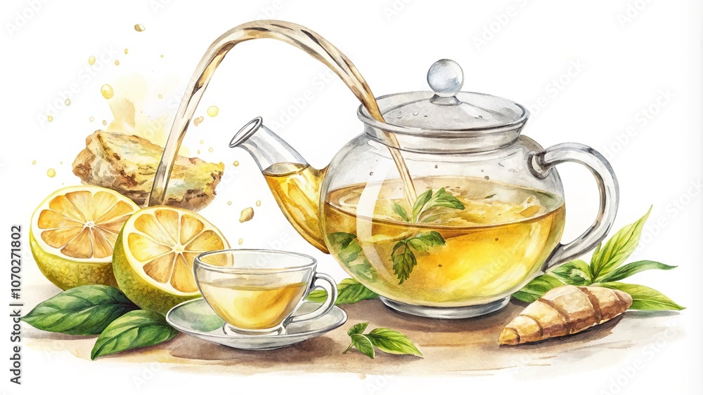 Herbal Tea, Watercolor Illustration, Macro Photography, Teapot, Cup Herbal Tea, Watercolor Illustration, Macro Photography, Teapot, Cup