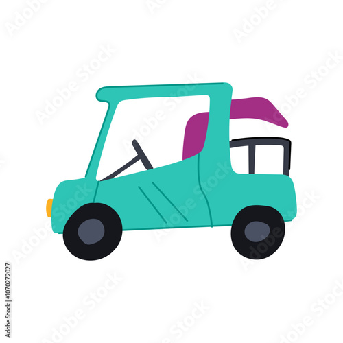 course golf cart cartoon. speed battery, turf green, cwheels seat course golf cart sign. isolated symbol vector illustration