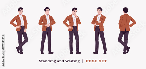 Handsome businessman wearing brown blazer suit jacket standing pose set. Confident modern office, casual street look for daily wear, dating, prom, party, ceremony, business work. Vector illustration