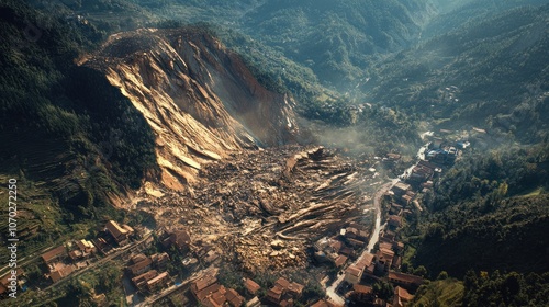 Aerial shot of a massive landslide in a mountainous area, with earth and rocks covering roads and part of a village below. The landscape appears scarred photo