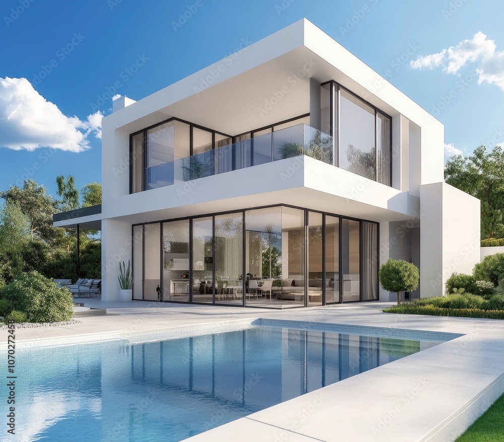 A modern home with a large swimming pool directly in front A modern home with a large swimming pool directly in front