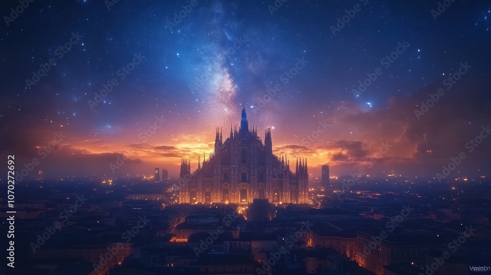 Naklejka premium Night Cityscape with Milky Way