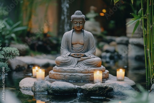 Serene Buddha statue surrounded by candles and stones in a tranquil garden setting at dusk