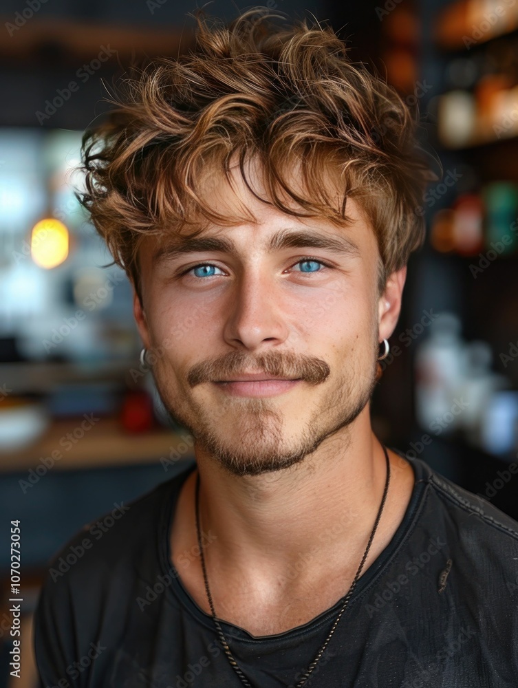 Close-Up Portrait of Young Man With Curly Hair and Blue Eyes Close-Up Portrait of Young Man With Curly Hair and Blue Eyes