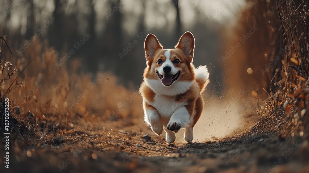 Corgi Dog Running on Forest Path Corgi Dog Running on Forest Path